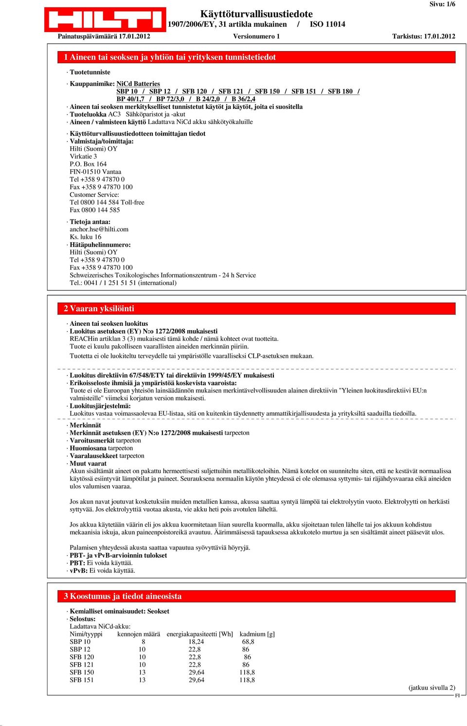 Virkatie 3 P.O. Box 164 N-01510 Vantaa Tel +358 9 47870 0 Fax +358 9 47870 100 Customer Service: Tel 0800 144 584 Toll-free Fax 0800 144 585 Tietoja antaa: anchor.hse@hilti.com Ks.