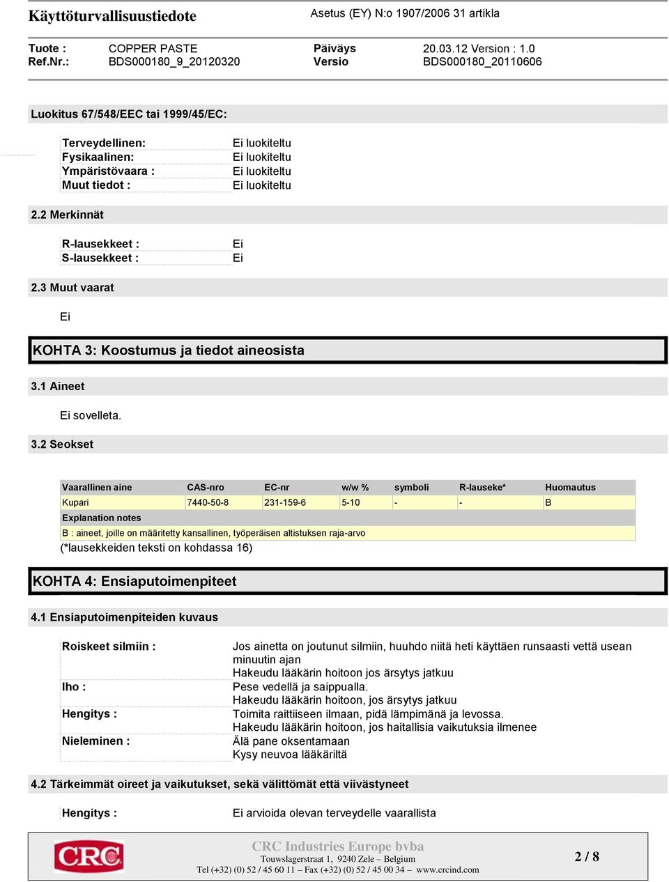 2 Seokset Vaarallinen aine CAS-nro EC-nr w/w % symboli R-lauseke* Huomautus Kupari 7440-50-8 231-159-6 5-10 - - B Explanation notes B : aineet, joille on määritetty kansallinen, työperäisen