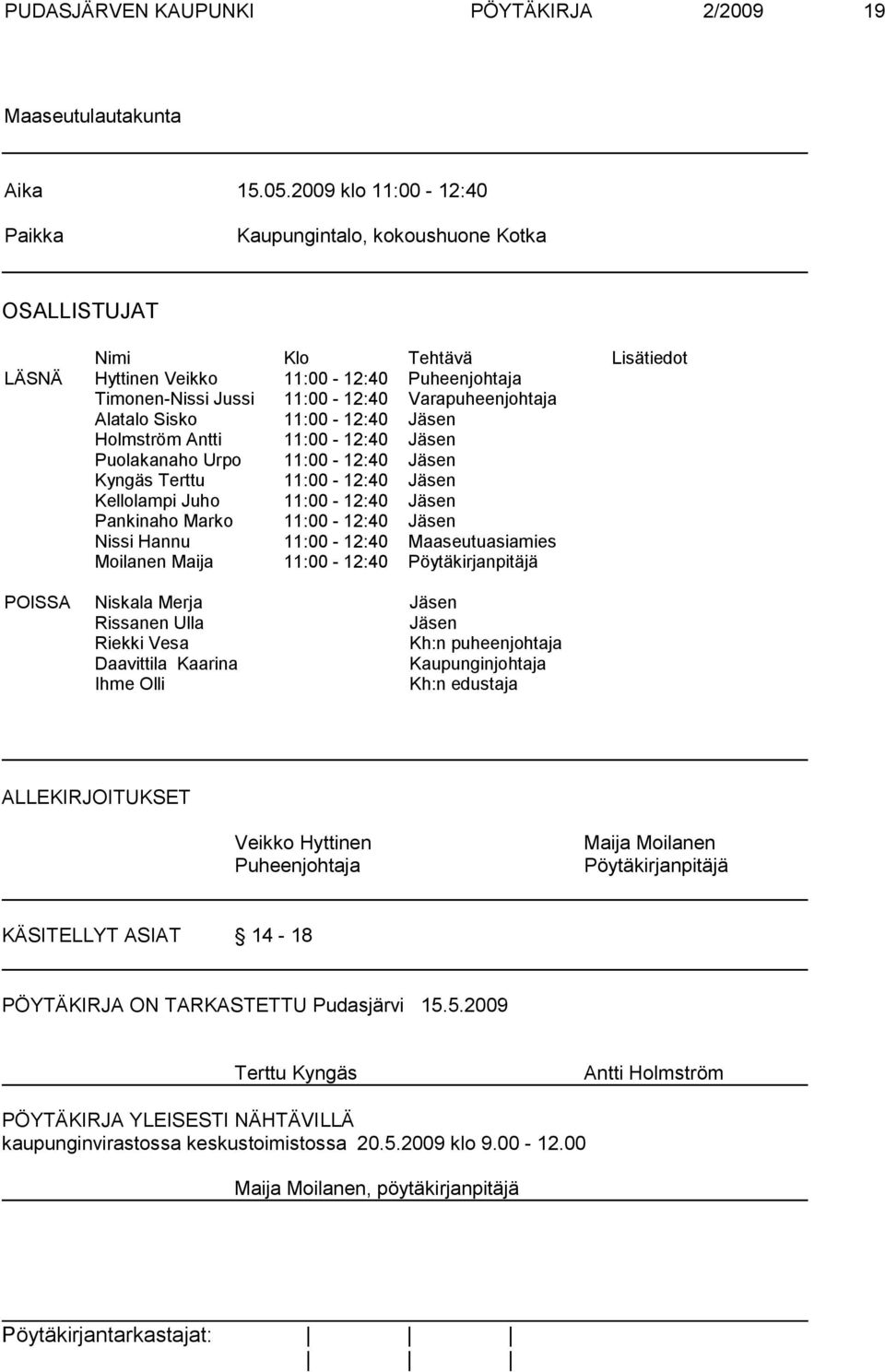 Alatalo Sisko 11:00-12:40 Jäsen Holmström Antti 11:00-12:40 Jäsen Puolakanaho Urpo 11:00-12:40 Jäsen Kyngäs Terttu 11:00-12:40 Jäsen Kellolampi Juho 11:00-12:40 Jäsen Pankinaho Marko 11:00-12:40