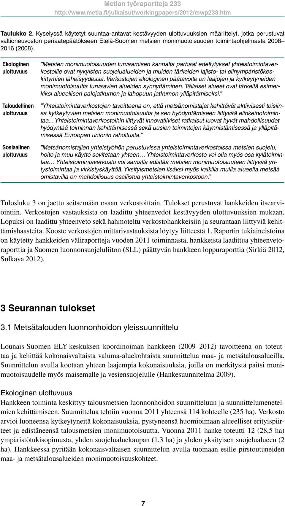 Ekologinen ulottuvuus Taloudellinen ulottuvuus Sosiaalinen ulottuvuus Metsien monimuotoisuuden turvaamisen kannalta parhaat edellytykset yhteistoimintaverkostoille ovat nykyisten suojelualueiden ja