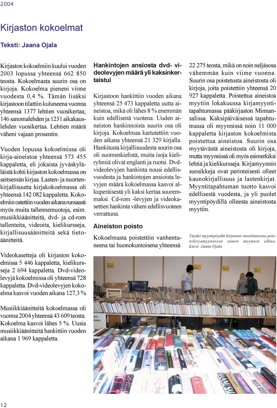 Vuoden lopussa kokoelmissa oli kirja-aineistoa yhteensä 573 455 kappaletta, eli jokaista jyväskyläläistä kohti kirjaston kokoelmassa on seitsemän kirjaa.