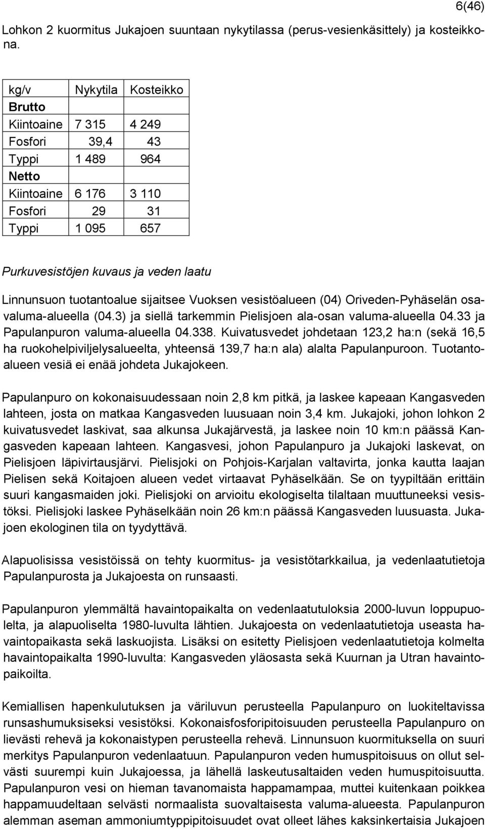 tuotantoalue sijaitsee Vuoksen vesistöalueen (04) Oriveden-Pyhäselän osavaluma-alueella (04.3) ja siellä tarkemmin Pielisjoen ala-osan valuma-alueella 04.33 ja Papulanpuron valuma-alueella 04.338.