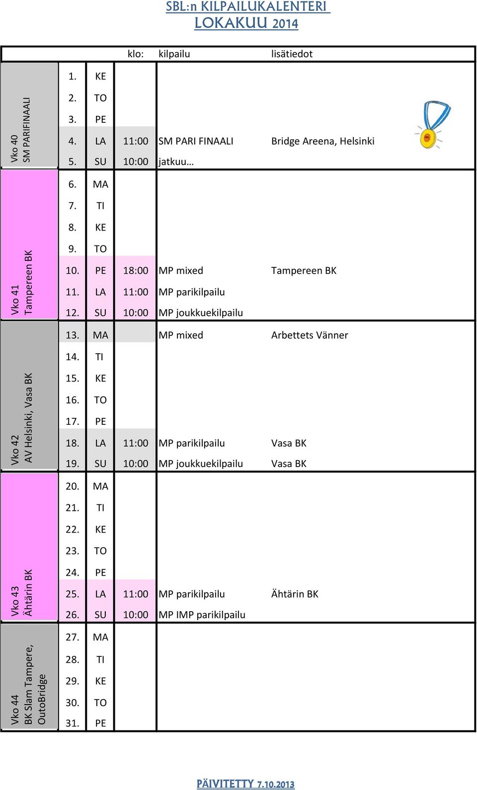 LA 11:00 MP parikilpailu 12. SU 10:00 MP joukkuekilpailu 13. MA MP mixed Arbettets Vänner 14. TI 15. KE 16. TO 17. PE 18.