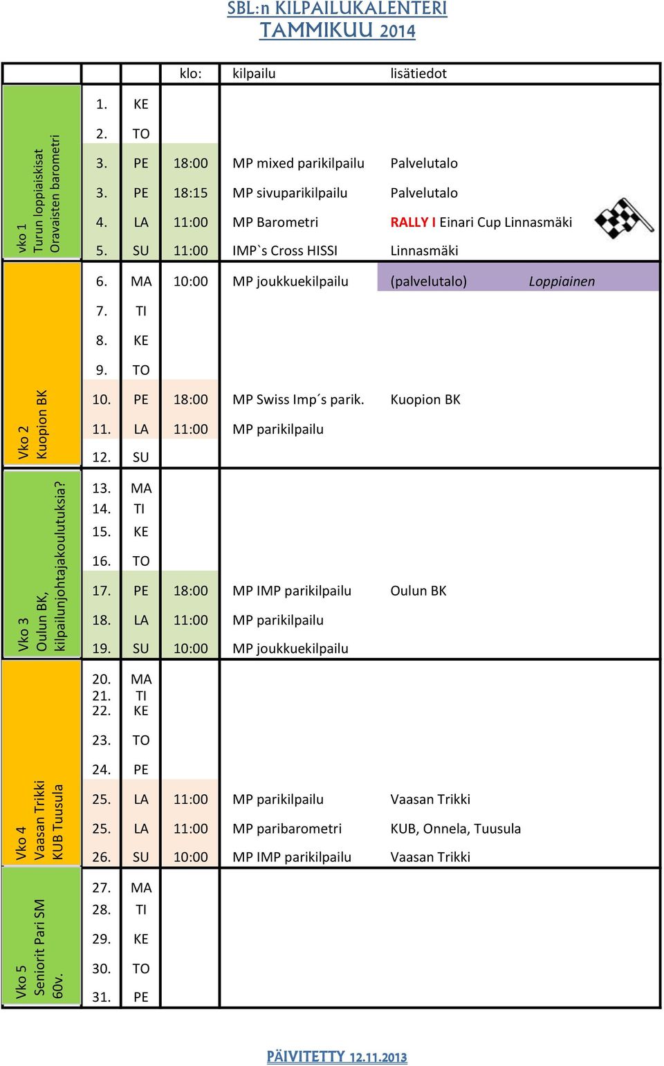 MA 10:00 MP joukkuekilpailu (palvelutalo) Loppiainen 7. TI 8. KE 9. TO 10. PE 18:00 MP Swiss Imp s parik. Kuopion BK 11. LA 11:00 MP parikilpailu 12. SU Vko 3 13. MA 14. TI 15. KE 16. TO 17.