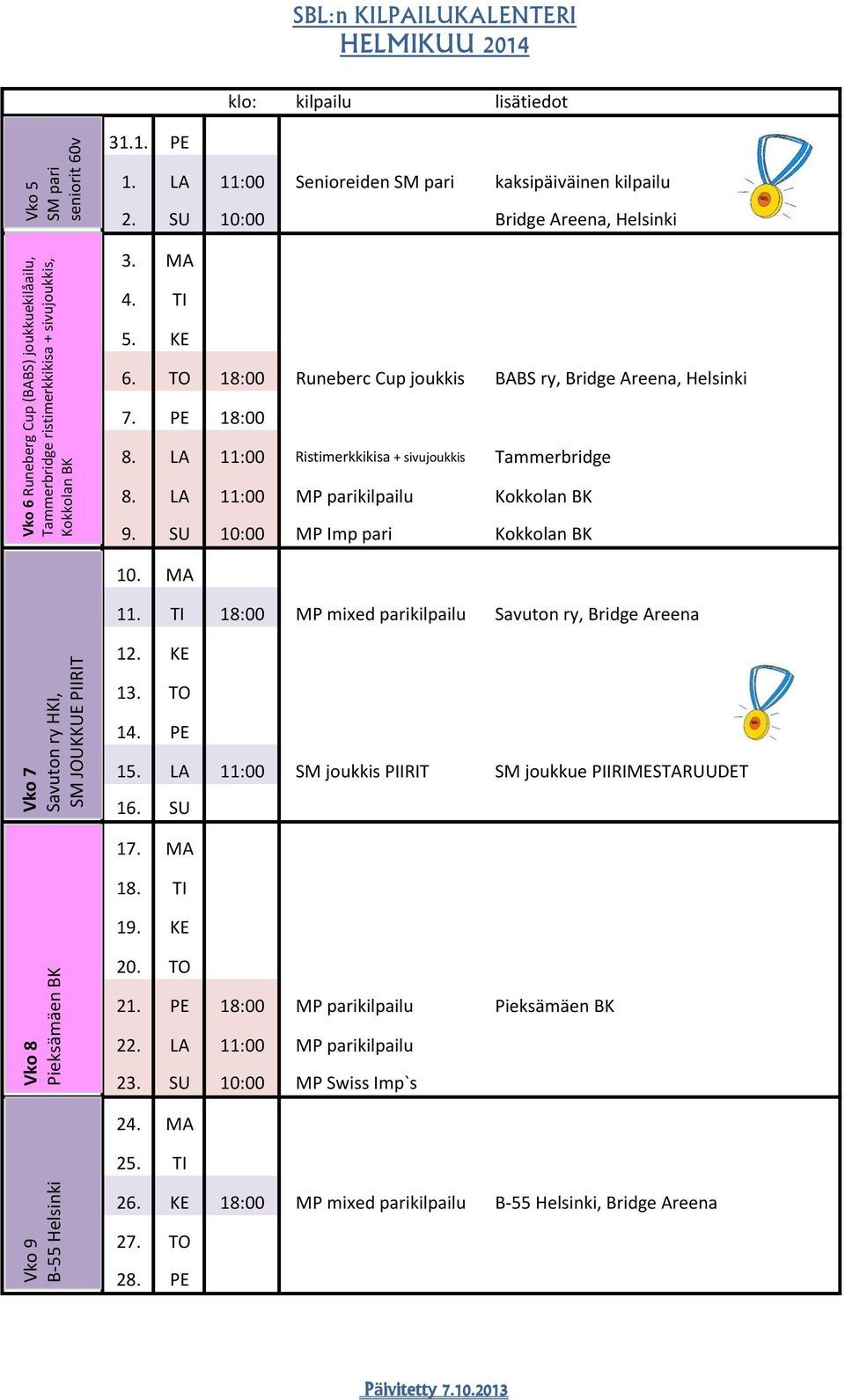 TO 18:00 Runeberc Cup joukkis BABS ry, Bridge Areena, Helsinki 7. PE 18:00 8. LA 11:00 Ristimerkkikisa + sivujoukkis Tammerbridge 8. LA 11:00 MP parikilpailu Kokkolan BK 9.