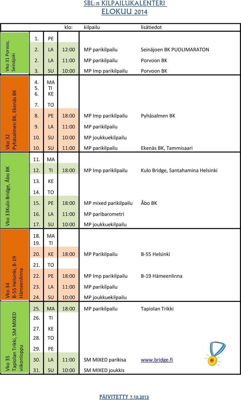 PE 18:00 MP Imp parikilpailu Pyhäsalmen BK 9. LA 11:00 MP parikilpailu 10. SU 10:00 MP joukkuekilpailu 10. SU 11:00 MP parikilpailu Ekenäs BK, Tammisaari 11. MA 12.