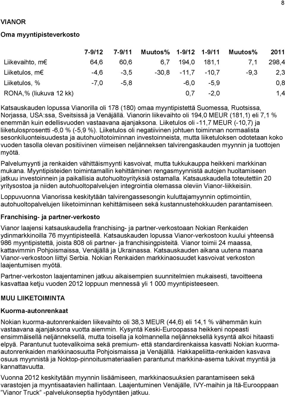 Liiketulos oli negatiivinen johtuen toiminnan normaalista sesonkiluonteisuudesta ja autohuoltotoiminnan investoinneista, mutta liiketuloksen odotetaan koko vuoden tasolla olevan positiivinen