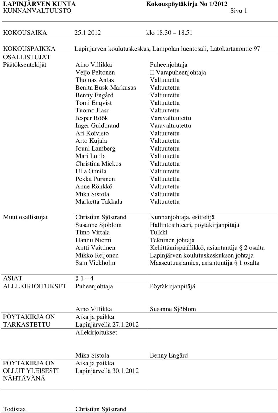Enqvist Tuomo Hasu Jesper Röök Inger Guldbrand Ari Koivisto Arto Kujala Jouni Lamberg Mari Lotila Christina Mickos Ulla Onnila Pekka Puranen Anne Rönkkö Mika Sistola Marketta Takkala Puheenjohtaja II