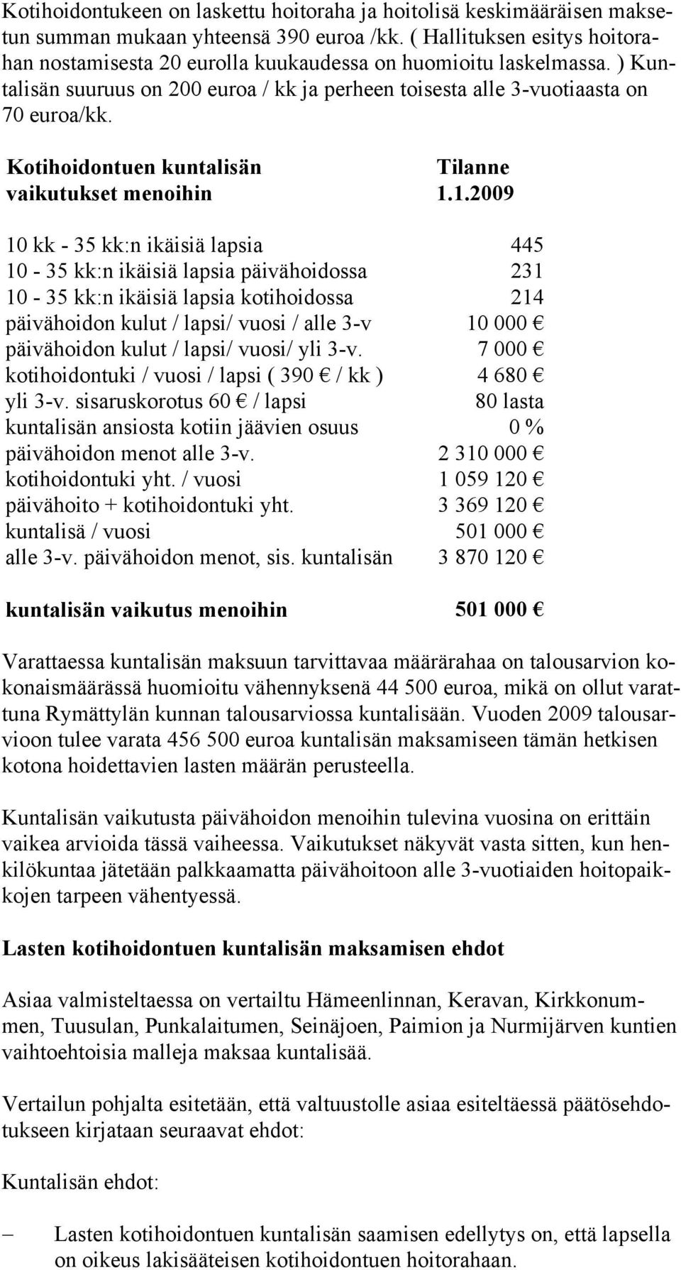 Kotihoidontuen kuntalisän vaikutukset menoihin Tilanne 1.