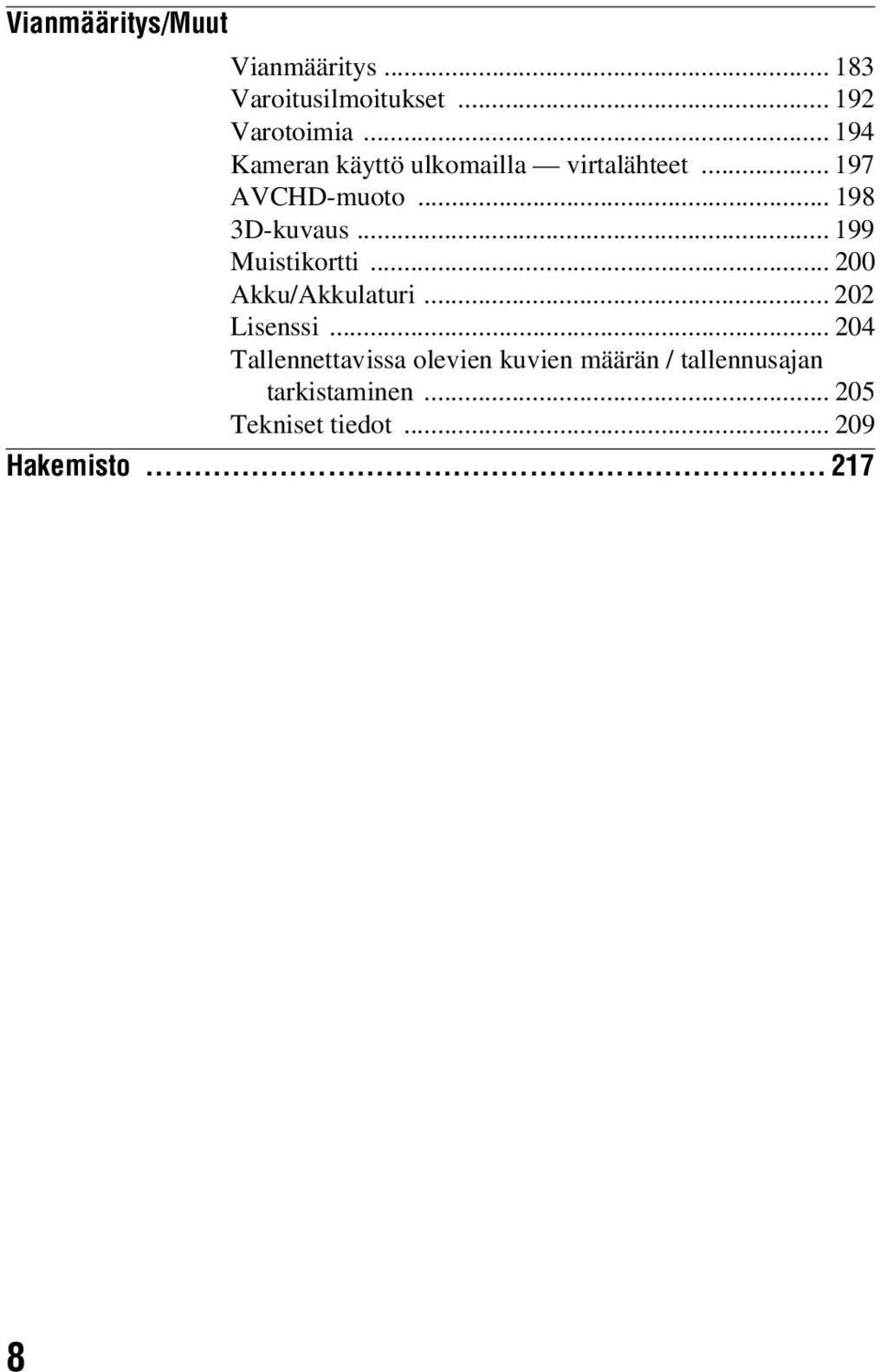 .. 199 Muistikortti... 200 Akku/Akkulaturi... 202 Lisenssi.