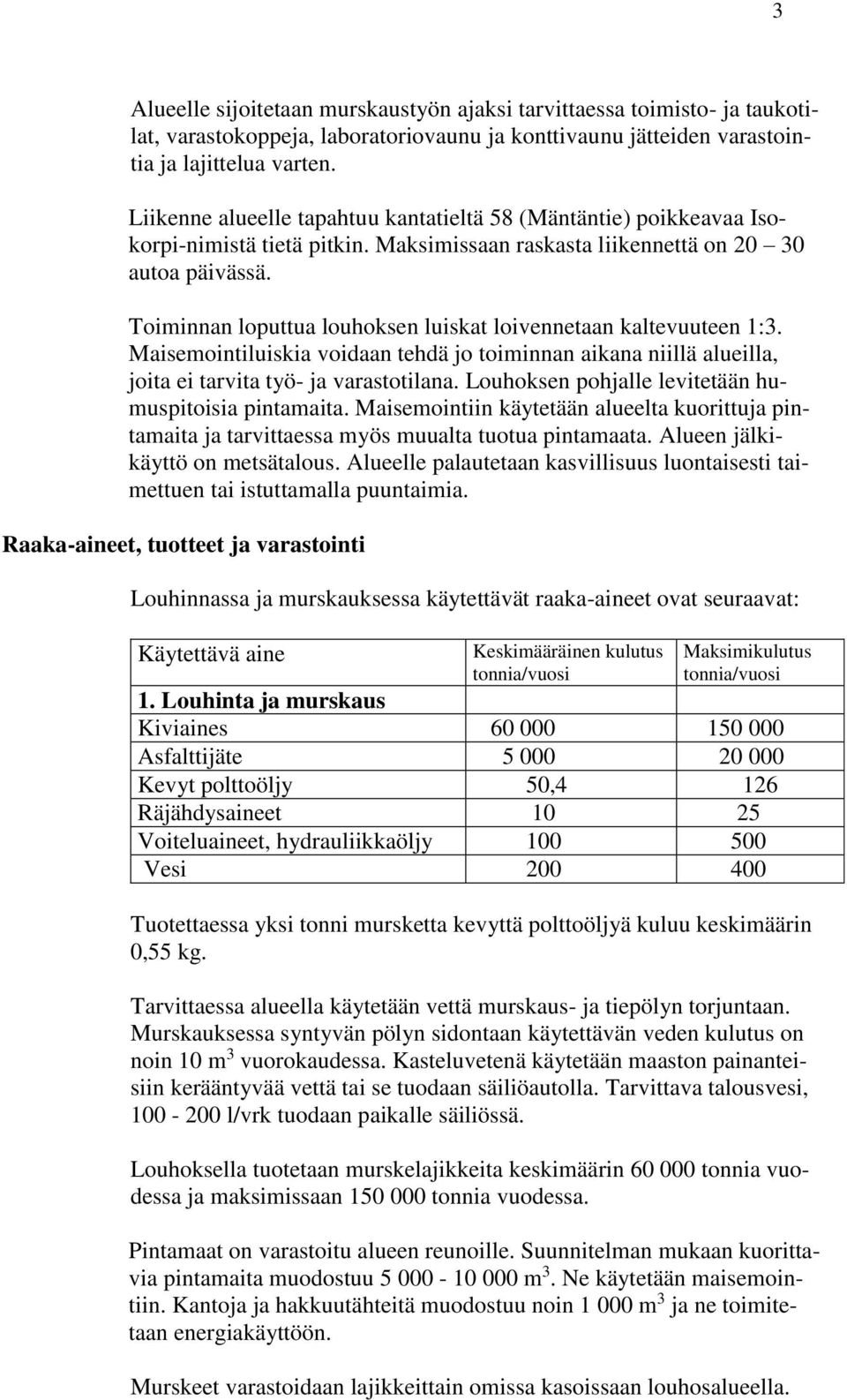 Toiminnan loputtua louhoksen luiskat loivennetaan kaltevuuteen 1:3. Maisemointiluiskia voidaan tehdä jo toiminnan aikana niillä alueilla, joita ei tarvita työ- ja varastotilana.