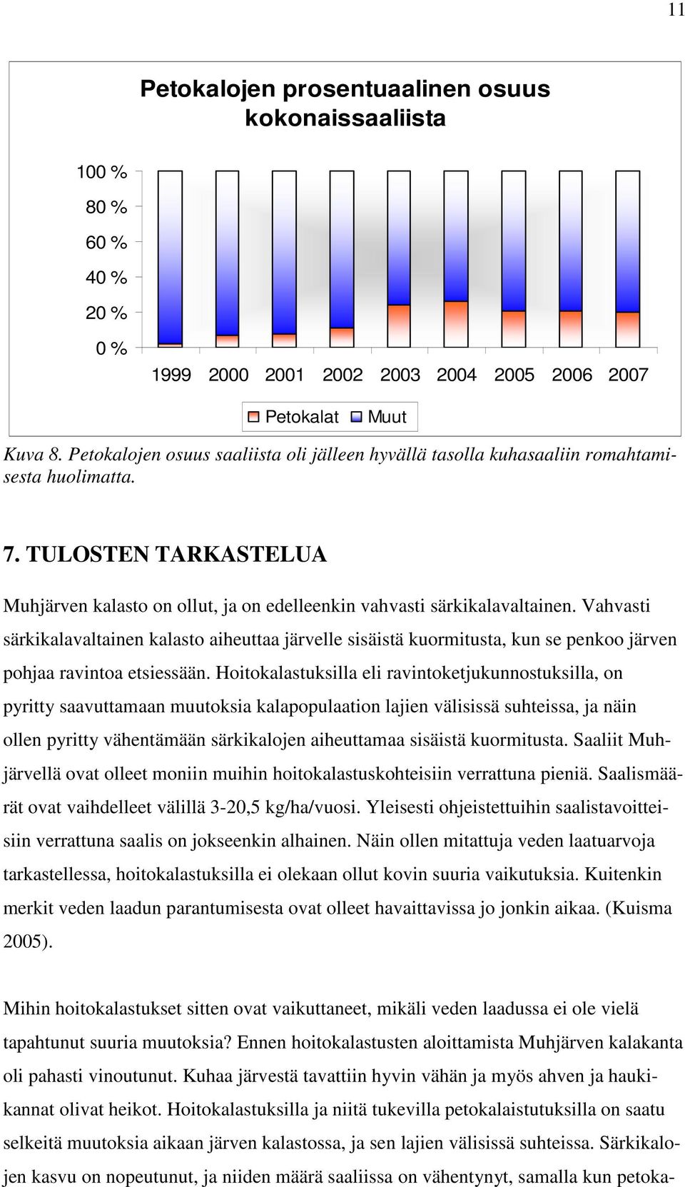 Vahvasti särkikalavaltainen kalasto aiheuttaa järvelle sisäistä kuormitusta, kun se penkoo järven pohjaa ravintoa etsiessään.