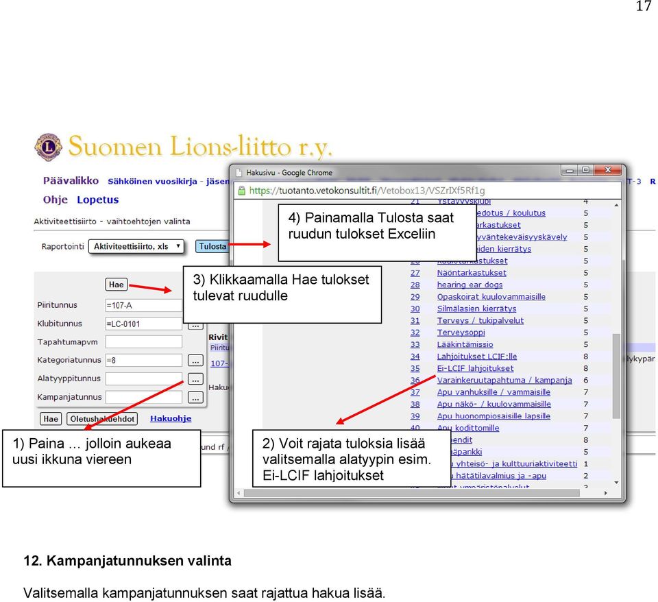 rajata tuloksia lisää valitsemalla alatyypin esim. Ei-LCIF lahjoitukset 12.