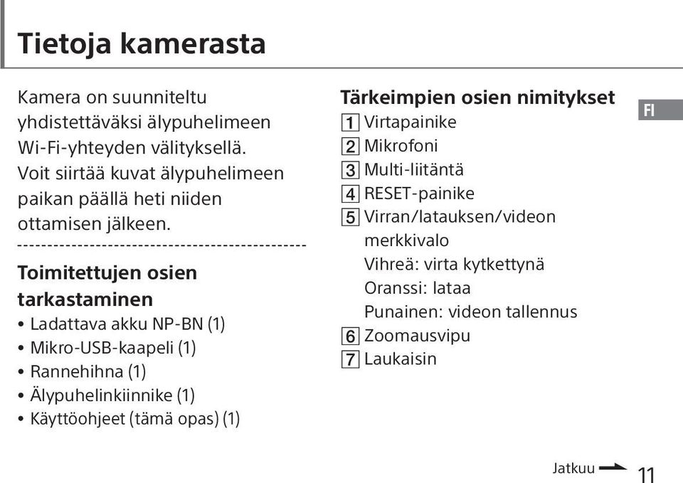 Toimitettujen osien tarkastaminen Ladattava akku NP-BN (1) Mikro-USB-kaapeli (1) Rannehihna (1) Älypuhelinkiinnike (1) Käyttöohjeet