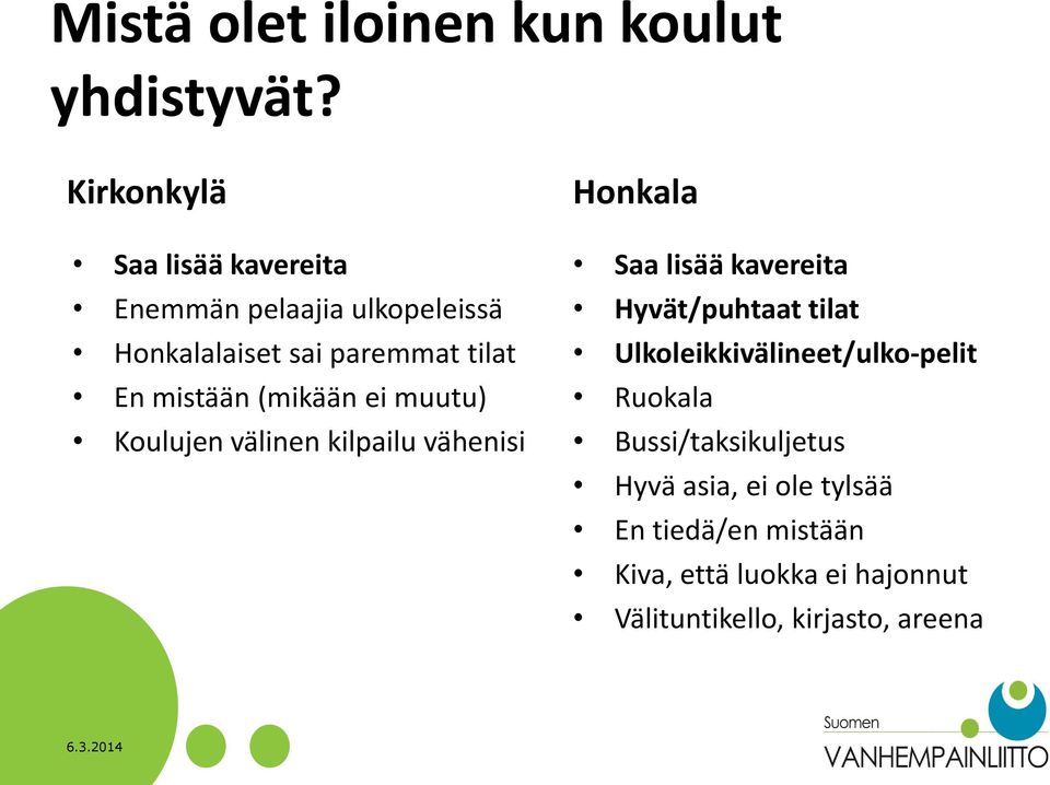 mistään (mikään ei muutu) Koulujen välinen kilpailu vähenisi Honkala Saa lisää kavereita Hyvät/puhtaat