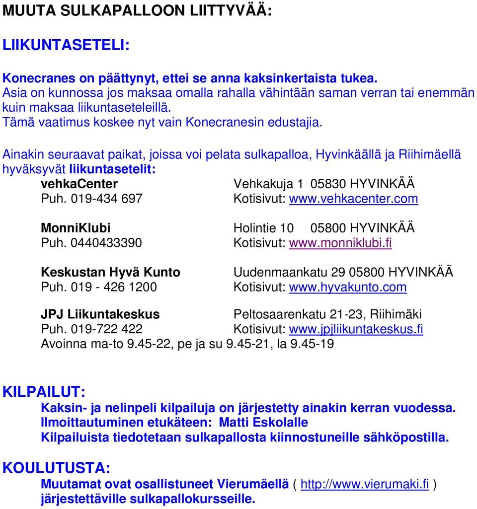 Ainakin seuraavat paikat, joissa voi pelata sulkapalloa, Hyvinkäällä ja Riihimäellä hyväksyvät liikuntasetelit: vehkacenter Vehkakuja 1 05830 HYVINKÄÄ Puh. 019-434 697 Kotisivut: www.vehkacenter.com MonniKlubi Holintie 10 05800 HYVINKÄÄ Puh.