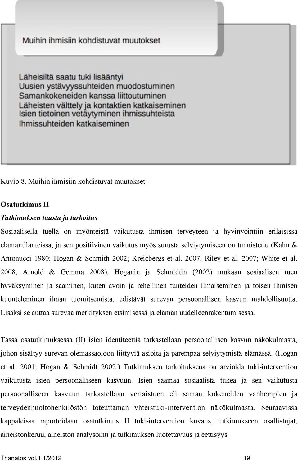 ja sen positiivinen vaikutus myös surusta selviytymiseen on tunnistettu (Kahn & Antonucci 1980; Hogan & Schmith 2002; Kreicbergs et al. 2007; Riley et al. 2007; White et al.