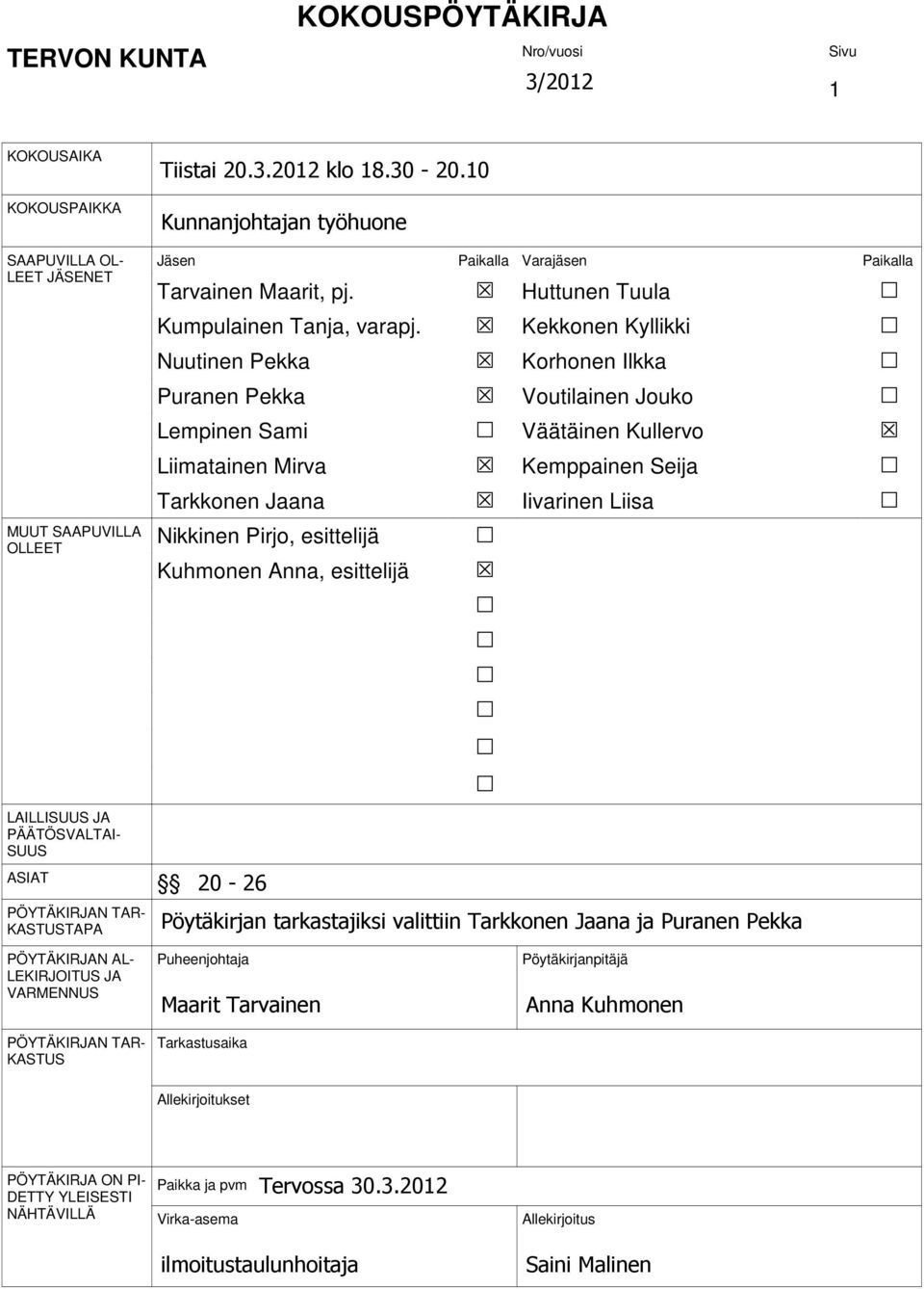 Kekkonen Kyllikki Nuutinen Pekka Korhonen Ilkka Puranen Pekka Voutilainen Jouko Lempinen Sami Väätäinen Kullervo Liimatainen Mirva Kemppainen Seija Tarkkonen Jaana Iivarinen Liisa Nikkinen Pirjo,