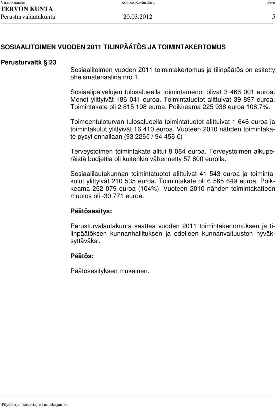 Sosiaalipalvelujen tulosalueella toimintamenot olivat 3 466 001 euroa. Menot ylittyivät 186 041 euroa. Toimintatuotot alittuivat 39 897 euroa. Toimintakate oli 2 815 198 euroa.