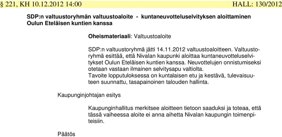 SDP:n valtuustoryhmä jätti 14.11.2012 valtuustoaloitteen. Valtuustoryhmä esittää, että Nivalan kaupunki aloittaa kuntaneuvotteluselvitykset Oulun Eteläisen kuntien kanssa.