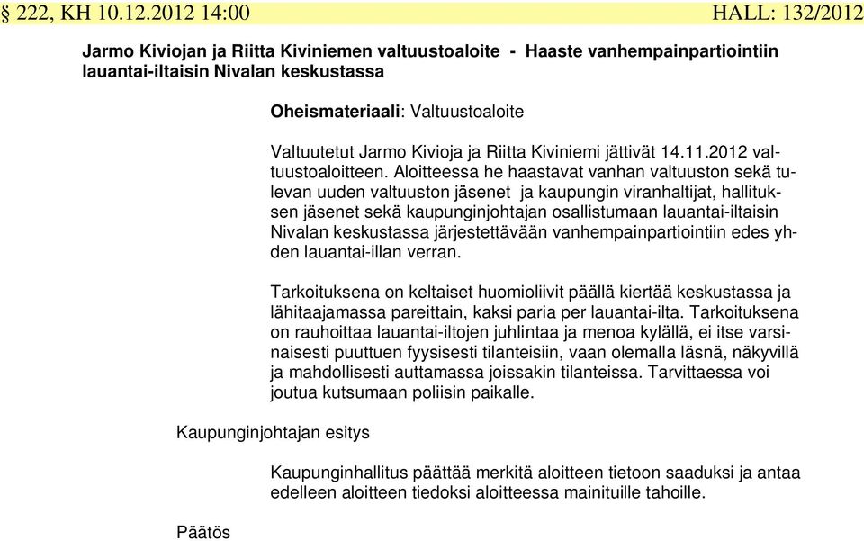 Kivioja ja Riitta Kiviniemi jättivät 14.11.2012 valtuustoaloitteen.