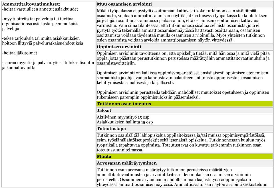 Muu osaamisen arviointi Mikäli työpaikassa ei pystytä osoittamaan kattavasti koko tutkinnon osan sisältämää osaamista, voidaan ammattiosaamisen näyttöä jatkaa toisessa työpaikassa tai koulutuksen