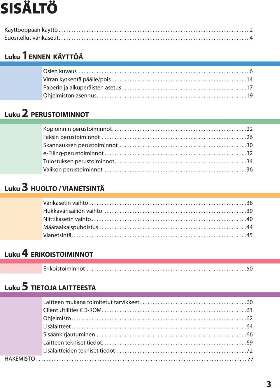 ................................................ 7 Ohjelmiston asennus........................................................... 9 Luku PERUSTOIMINNOT Kopioinnin perustoiminnot.