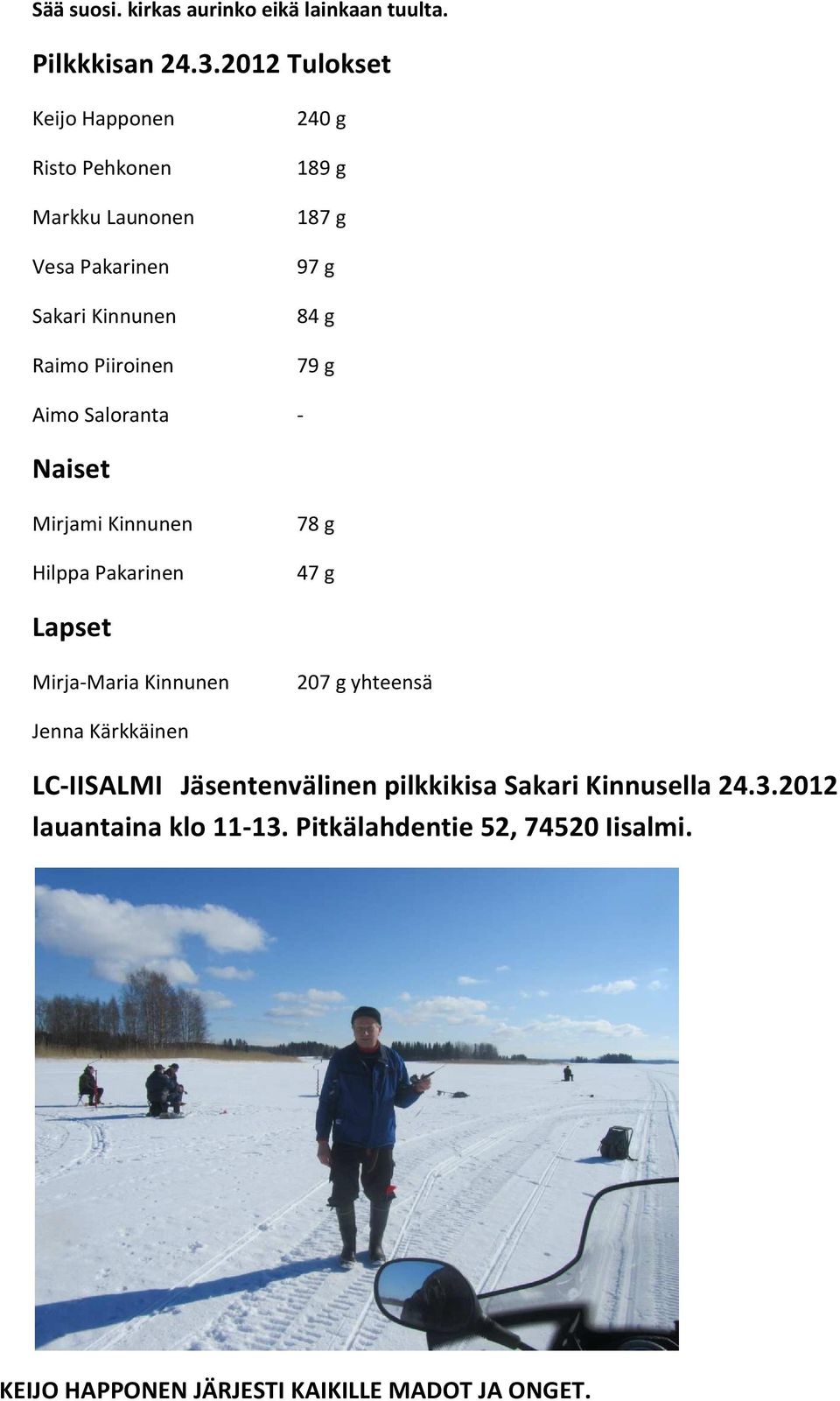 97 g 84 g 79 g Aimo Saloranta - Naiset Mirjami Kinnunen Hilppa Pakarinen 78 g 47 g Lapset Mirja-Maria Kinnunen 207 g yhteensä