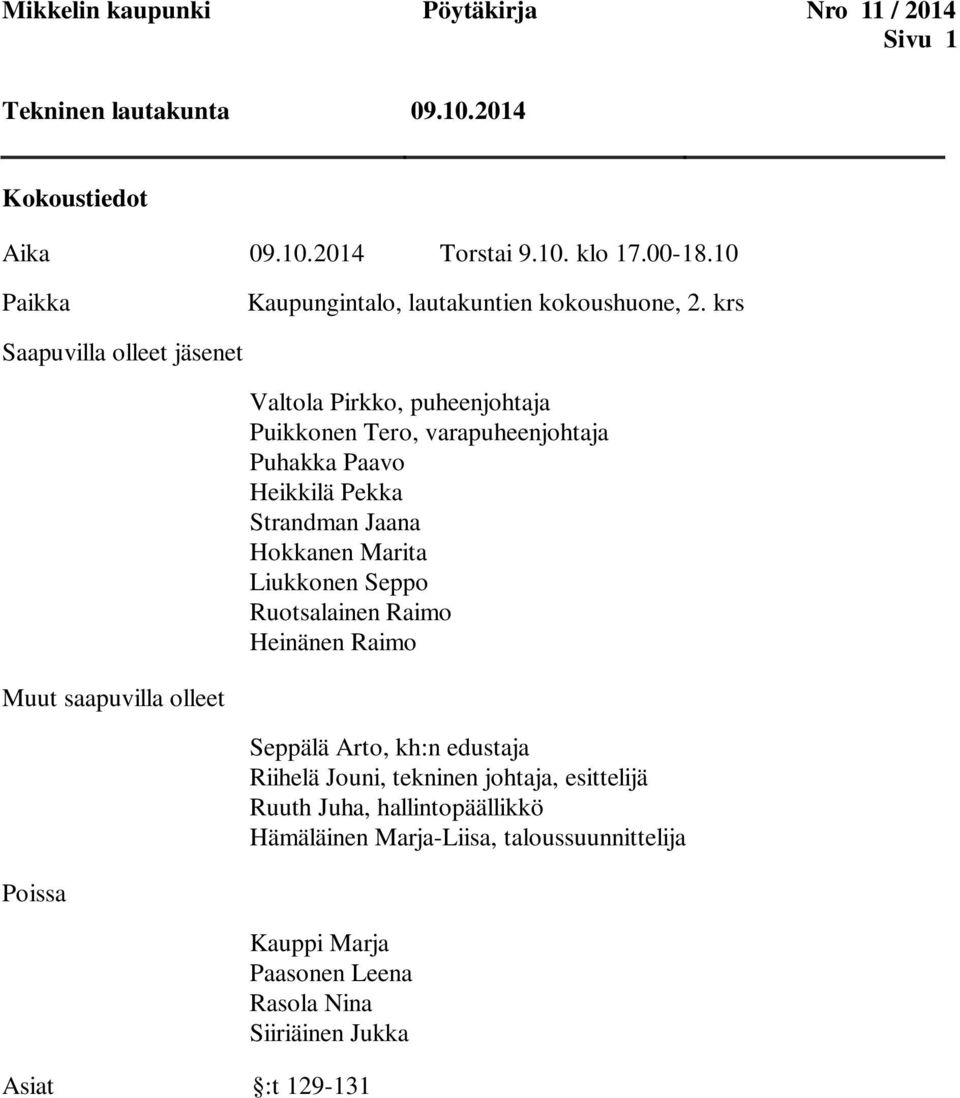 krs Saapuvilla olleet jäsenet Valtola Pirkko, puheenjohtaja Puikkonen Tero, varapuheenjohtaja Puhakka Paavo Heikkilä Pekka Strandman Jaana Hokkanen Marita