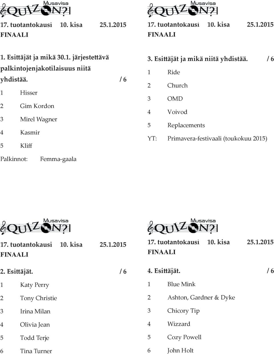 / 6 1 Ride 2 Church 3 OMD 4 Voivod 5 Replacements YT: Primavera-festivaali (toukokuu 2015) Palkinnot: Femma-gaala 2.