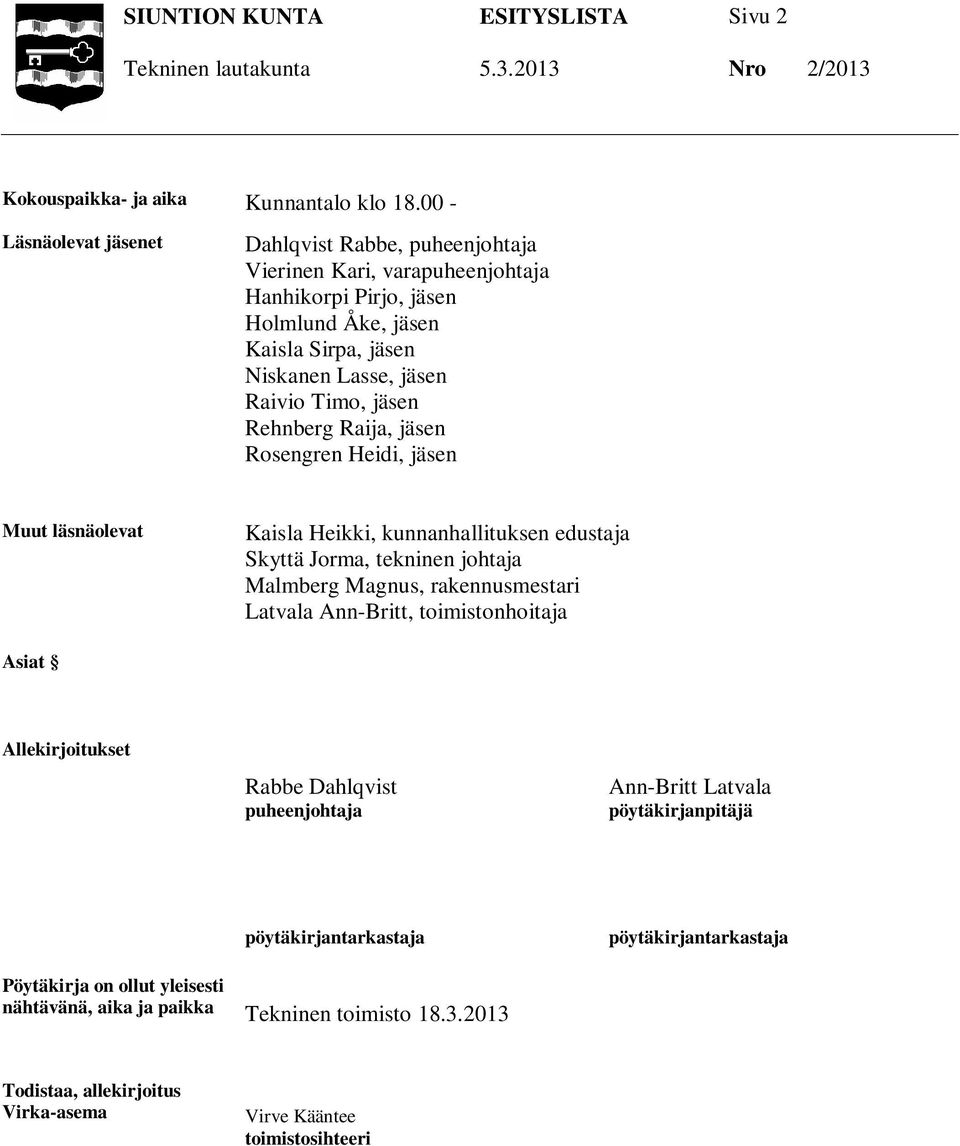 Raija, jäsen Rosengren Heidi, jäsen Muut läsnäolevat Kaisla Heikki, kunnanhallituksen edustaja Skyttä Jorma, tekninen johtaja Malmberg Magnus, rakennusmestari Latvala Ann-Britt,