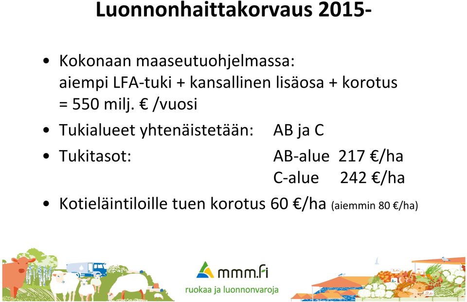 /vuosi Tukialueet yhtenäistetään: AB ja C Tukitasot: AB-alue