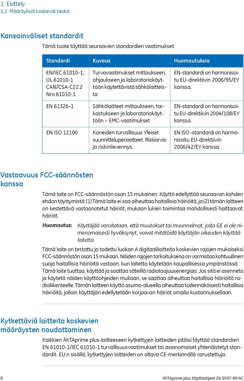 laboratoriokäyttöön EMC-vaatimukset Koneiden turvallisuus Yleiset suunnitteluperiaatteet. Riskiarvio ja riskinlievennys. Huomautuksia EN-standardi on harmonisoitu EU-direktiivin 2006/95/EY kanssa.
