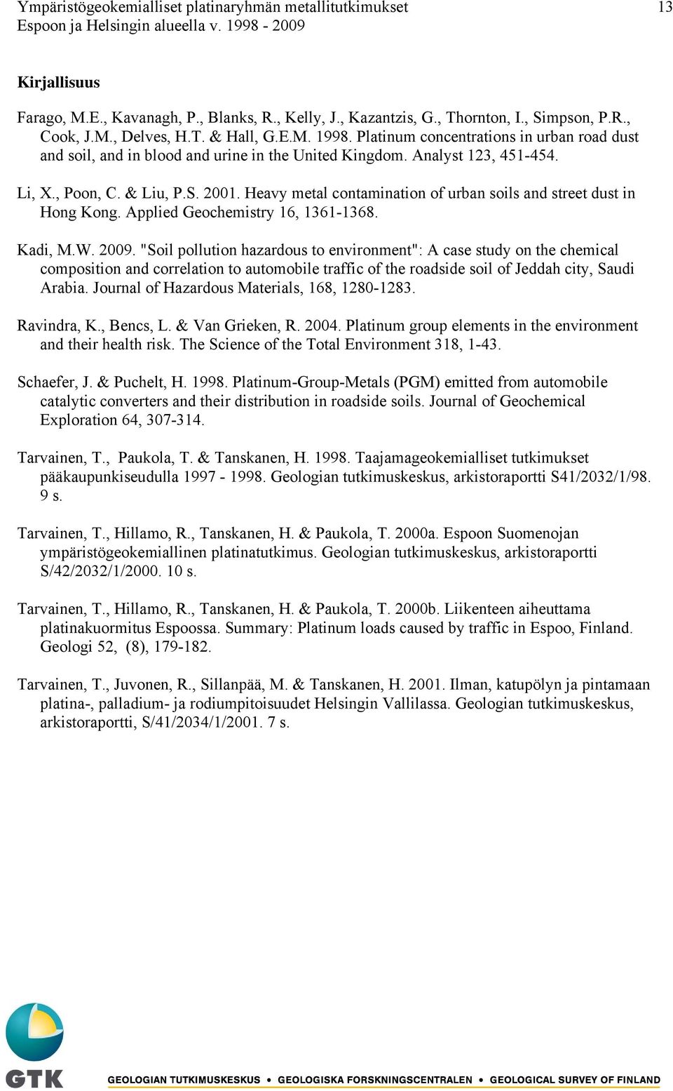 Heavy metal contamination of urban soils and street dust in Hong Kong. Applied Geochemistry 16, 1361-1368. Kadi, M.W. 2009.