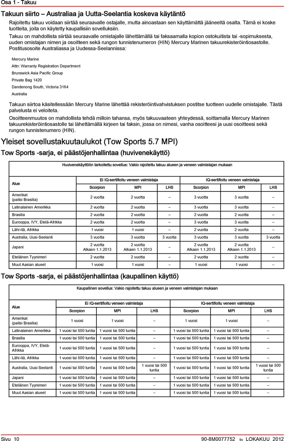 Tkuu on mhdollist siirtää seurvlle omistjlle lähettämällä ti fksmll kopion ostokuitist ti -sopimuksest, uuden omistjn nimen j osoitteen sekä rungon tunnistenumeron (HIN) Mercury Mrinen