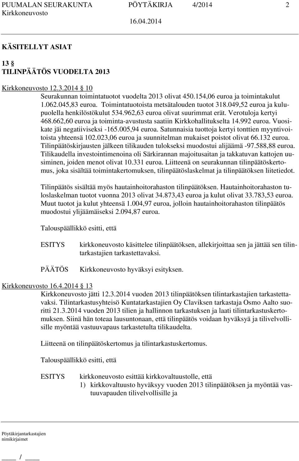 662,60 euroa ja toiminta-avustusta saatiin Kirkkohallitukselta 14.992 euroa. Vuosikate jäi negatiiviseksi -165.005,94 euroa. Satunnaisia tuottoja kertyi tonttien myyntivoitoista yhteensä 102.