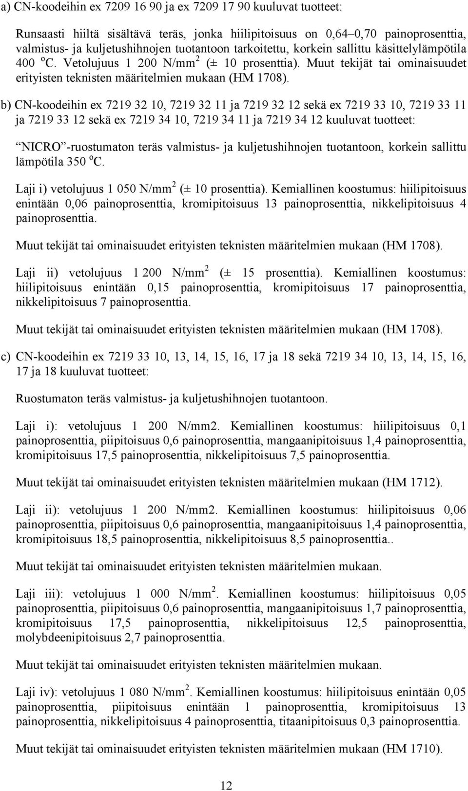 b) CN-koodeihin ex 7219 32 1, 7219 32 11 ja 7219 32 12 sekä ex 7219 33 1, 7219 33 11 ja 7219 33 12 sekä ex 7219 34 1, 7219 34 11 ja 7219 34 12 kuuluvat tuotteet: NICRO -ruostumaton teräs valmistus-
