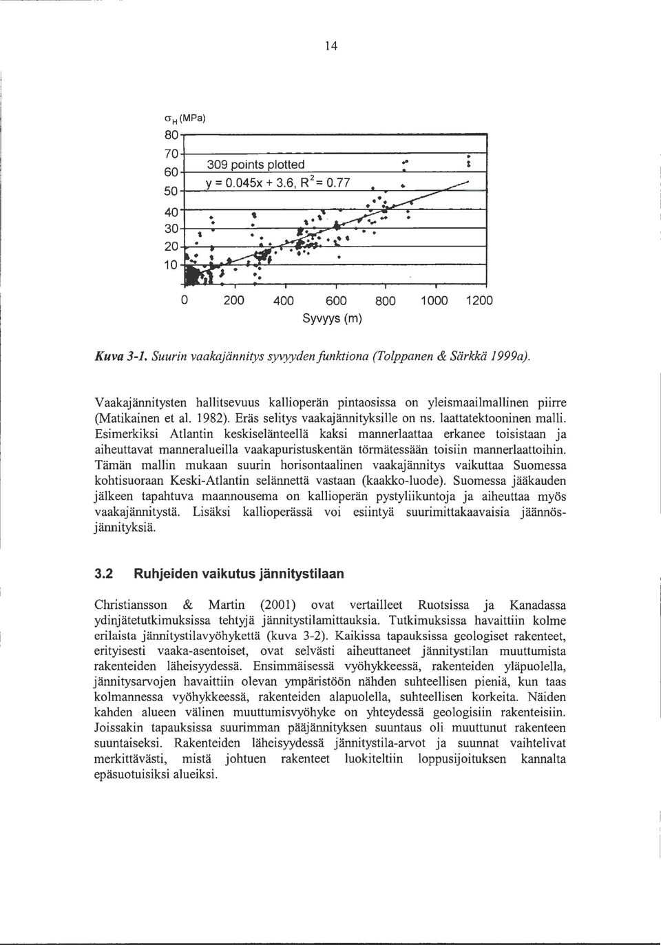 10~~~&-~~--------------------------~ 0 200 400 600 Syvyys (m) 800 1000 1200 Kuva 3-1. Suurin vaakajännitys syvyydenfunktiona (Tolppanen & Särkkä 1999a).