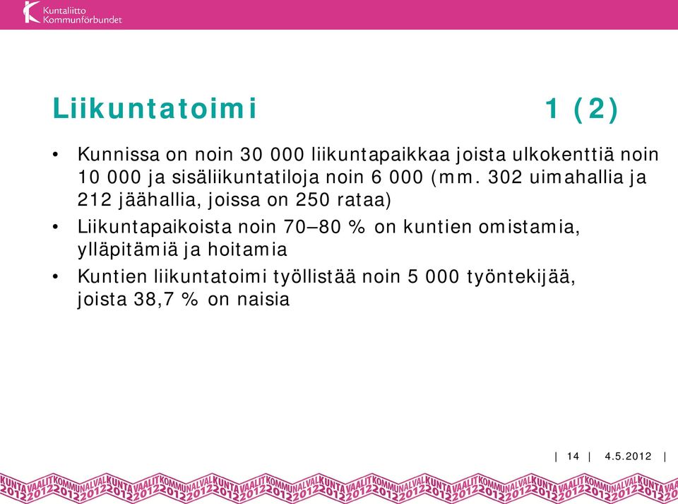 302 uimahallia ja 212 jäähallia, joissa on 250 rataa) Liikuntapaikoista noin 70 80 % on