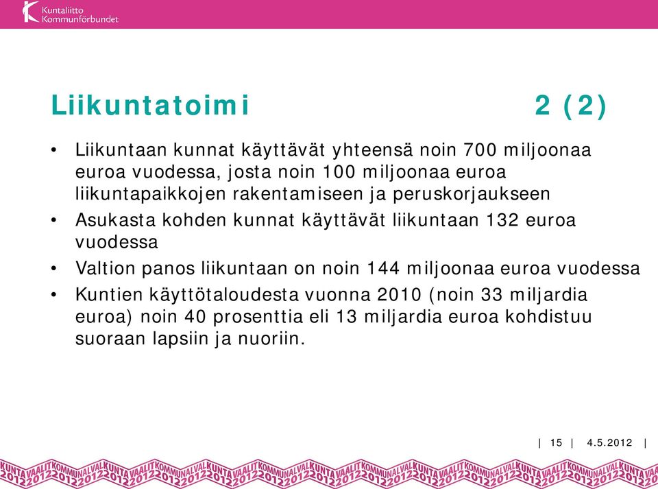 132 euroa vuodessa Valtion panos liikuntaan on noin 144 miljoonaa euroa vuodessa Kuntien käyttötaloudesta vuonna