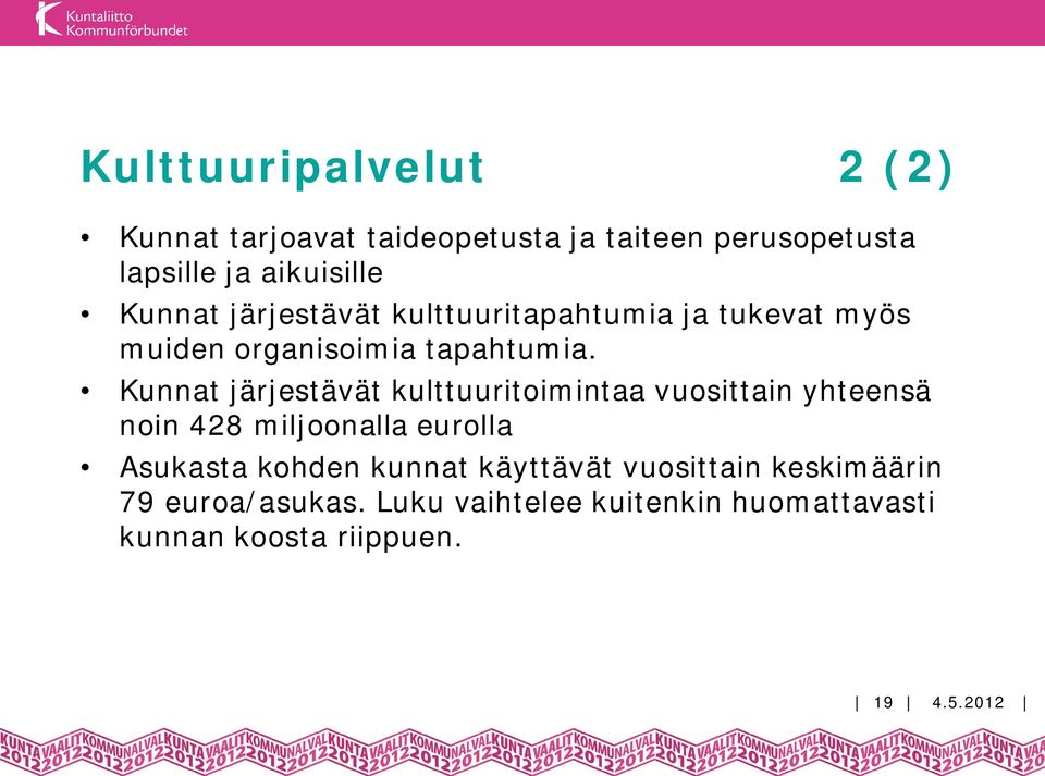 Kunnat järjestävät kulttuuritoimintaa vuosittain yhteensä noin 428 miljoonalla eurolla Asukasta kohden