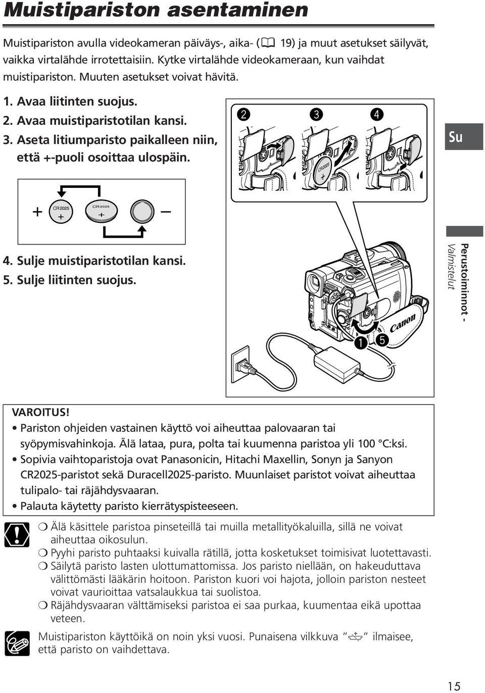 Aseta litiumparisto paikalleen niin, että +-puoli osoittaa ulospäin. w e r Su 4. Sulje muistiparistotilan kansi. 5. Sulje liitinten suojus. Perustoiminnot - Valmistelut q t VAROITUS!