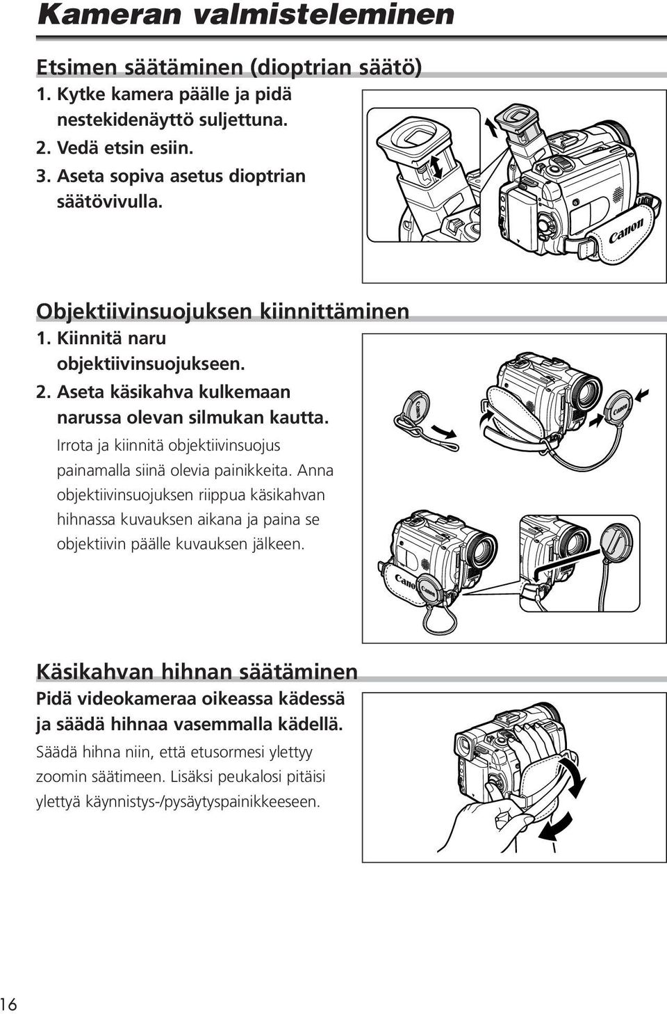 Irrota ja kiinnitä objektiivinsuojus painamalla siinä olevia painikkeita.