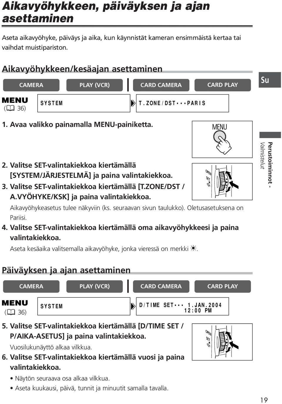 Valitse SET-valintakiekkoa kiertämällä [SYSTEM/JÄRJESTELMÄ] ja paina valintakiekkoa. 3. Valitse SET-valintakiekkoa kiertämällä [T.ZONE/DST / A.VYÖHYKE/KSK] ja paina valintakiekkoa.