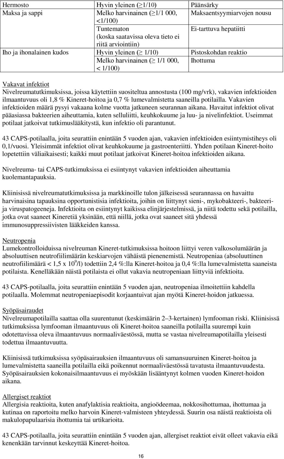 suositeltua annostusta (100 mg/vrk), vakavien infektioiden ilmaantuvuus oli 1,8 % Kineret-hoitoa ja 0,7 % lumevalmistetta saaneilla potilailla.