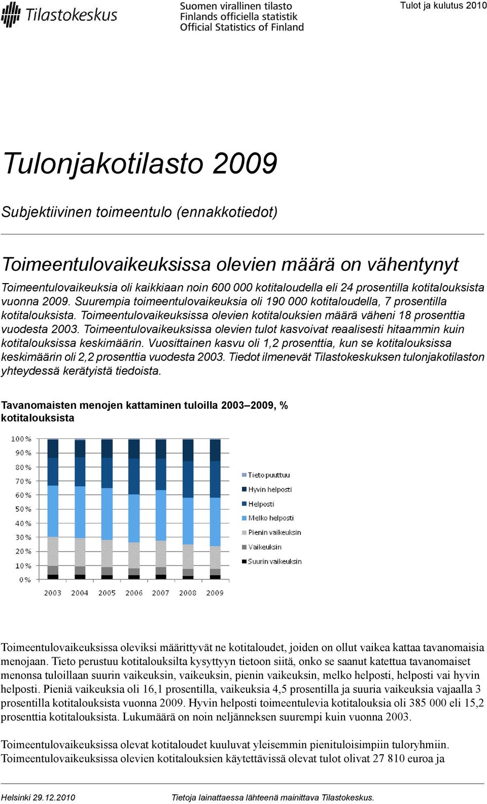 Toimeentulovaikeuksissa olevien kotitalouksien määrä väheni 18 prosenttia vuodesta 2003. Toimeentulovaikeuksissa olevien tulot kasvoivat reaalisesti hitaammin kuin kotitalouksissa keskimäärin.