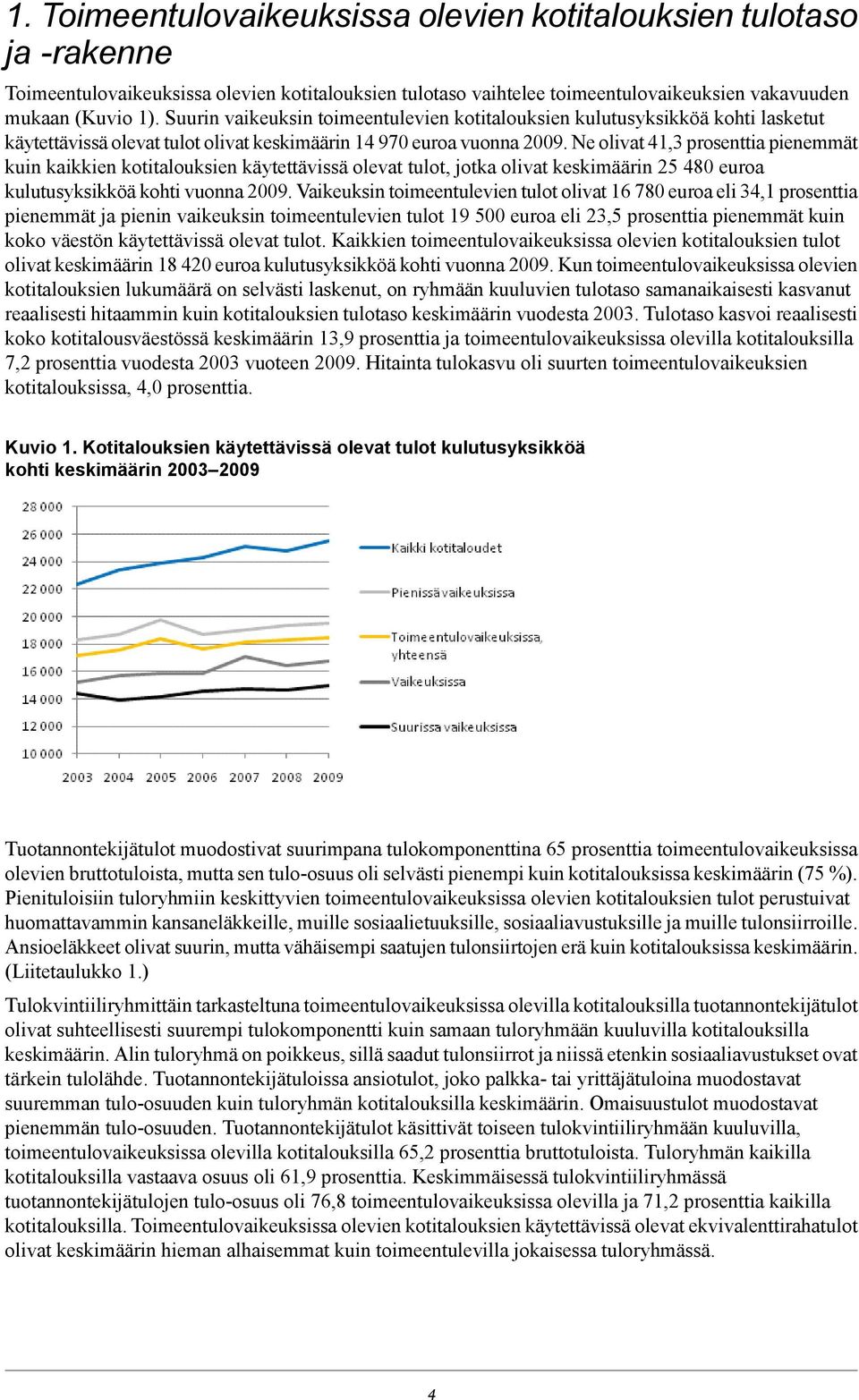 Ne olivat 41,3 prosenttia pienemmät kuin kaikkien kotitalouksien käytettävissä olevat tulot, jotka olivat keskimäärin 25 480 euroa kulutusyksikköä kohti vuonna 2009.