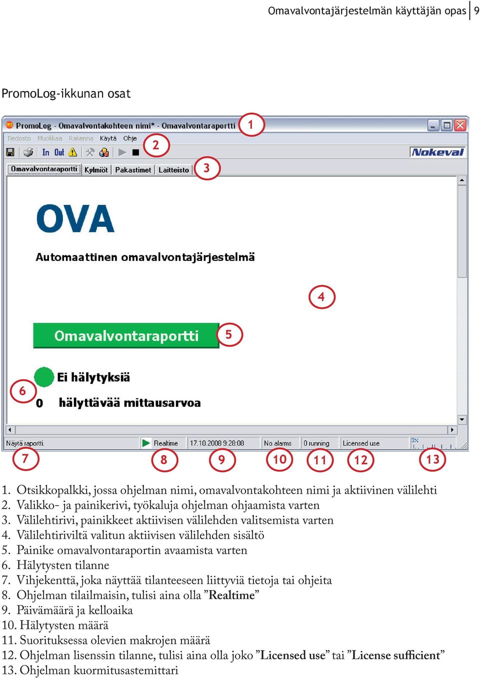 Painike omavalvontaraportin avaamista varten 6. Hälytysten tilanne 7. Vihjekenttä, joka näyttää tilanteeseen liittyviä tietoja tai ohjeita 8. Ohjelman tilailmaisin, tulisi aina olla Realtime 9.