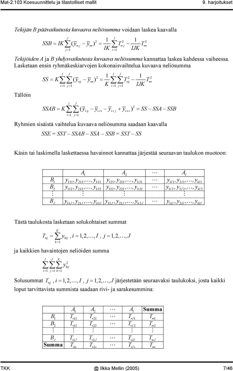 Lasketaan ensin rhmäkeskiarvojen kokonaisvaihtelua kuvaava neliösumma Tällöin SS = K = T T I I ( iij iii) iij iii i= j= K i= j= IK I SSB = K( iij iii ii j + iii) = SS SS SSB i= j= Rhmien sisäistä