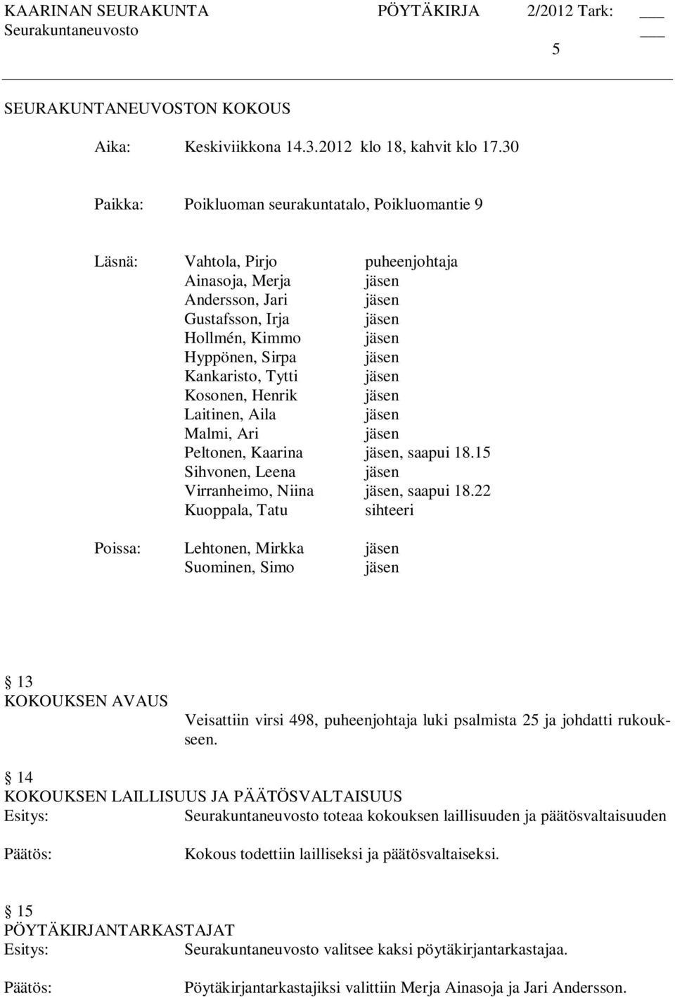 Kankaristo, Tytti jäsen Kosonen, Henrik jäsen Laitinen, Aila jäsen Malmi, Ari jäsen Peltonen, Kaarina jäsen, saapui 18.15 Sihvonen, Leena jäsen Virranheimo, Niina jäsen, saapui 18.